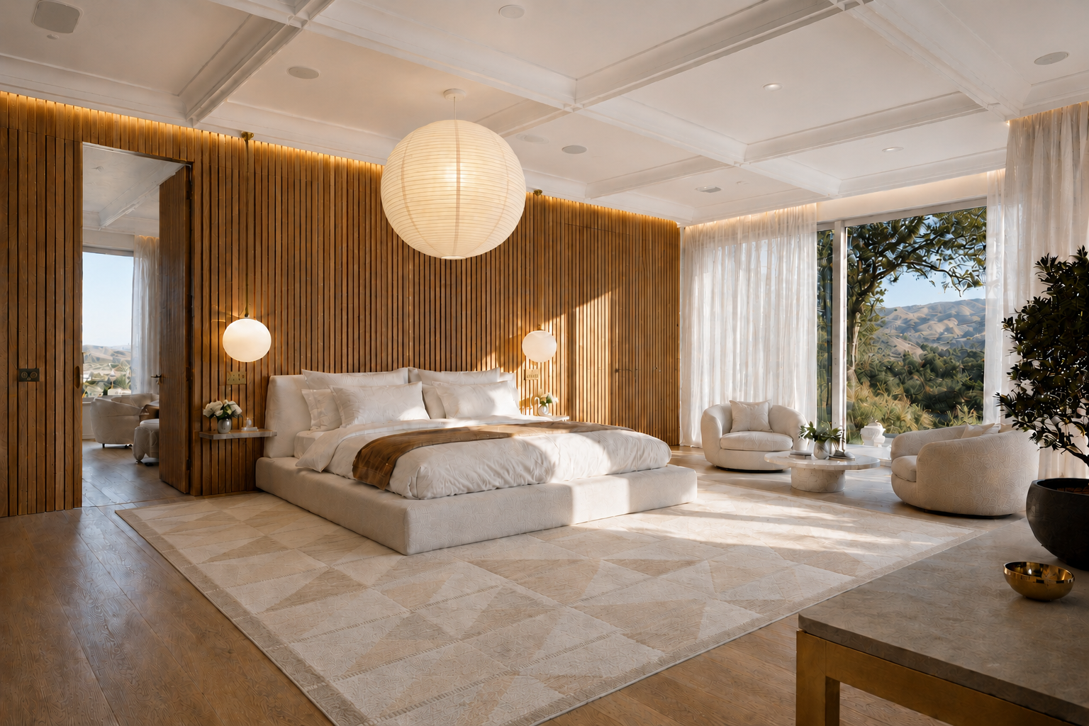 Westridge House primary bedroom with a slatted oak wall and an open view to the hills