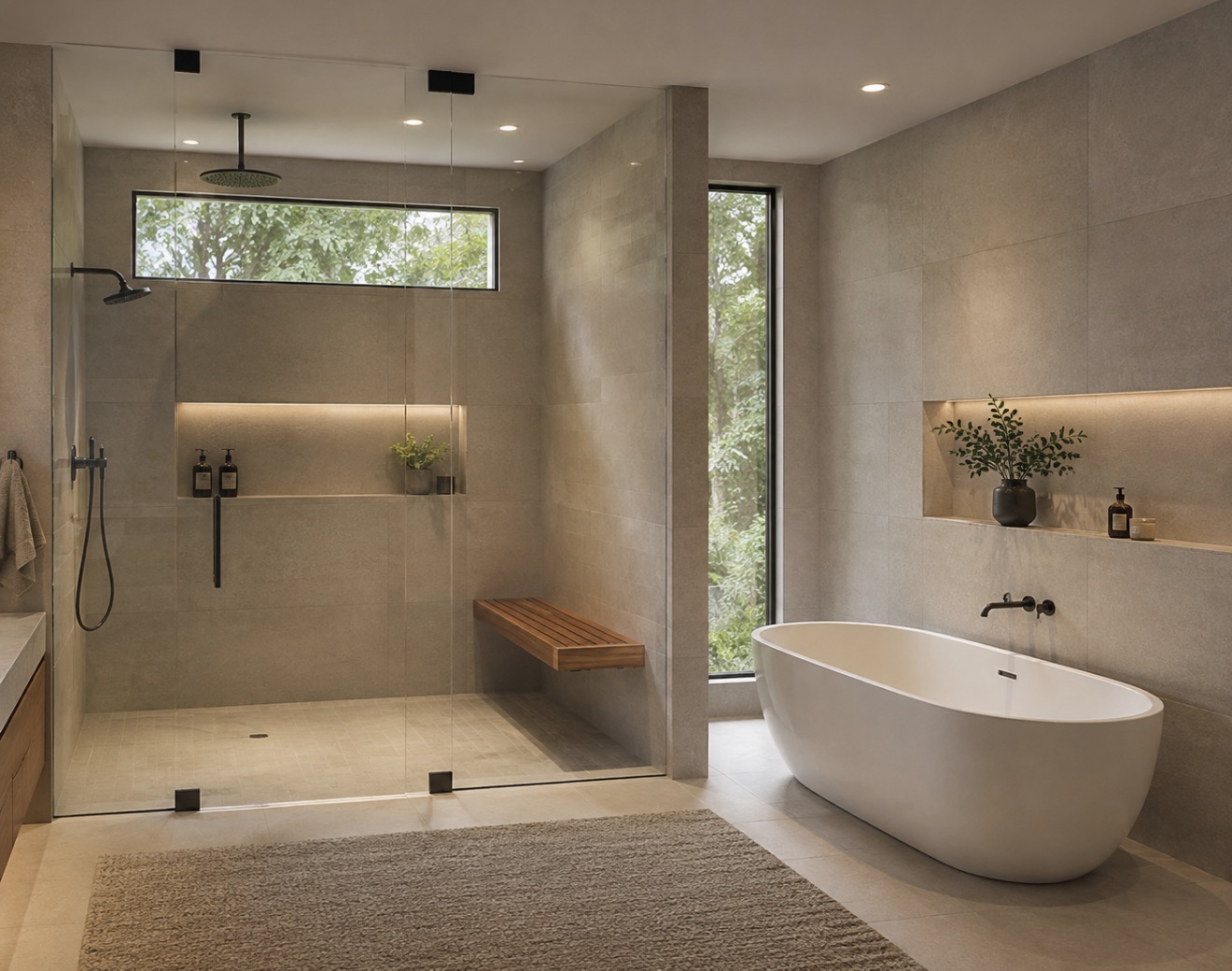 Oakline House primary bath with large-format stone, teak bench, and freestanding tub