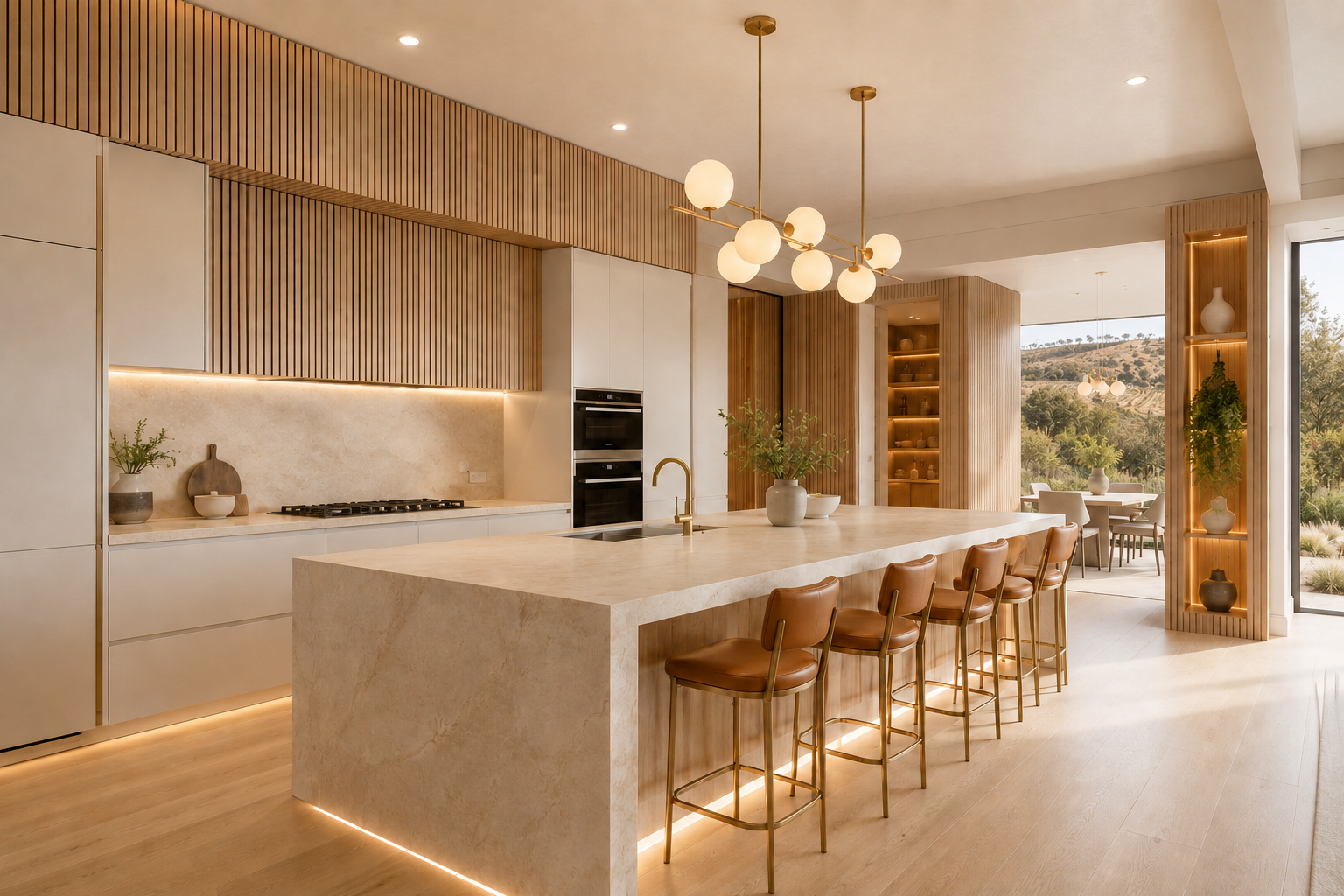 Westridge House kitchen with a stone island, warm oak cabinetry, and a window onto the ridgeline